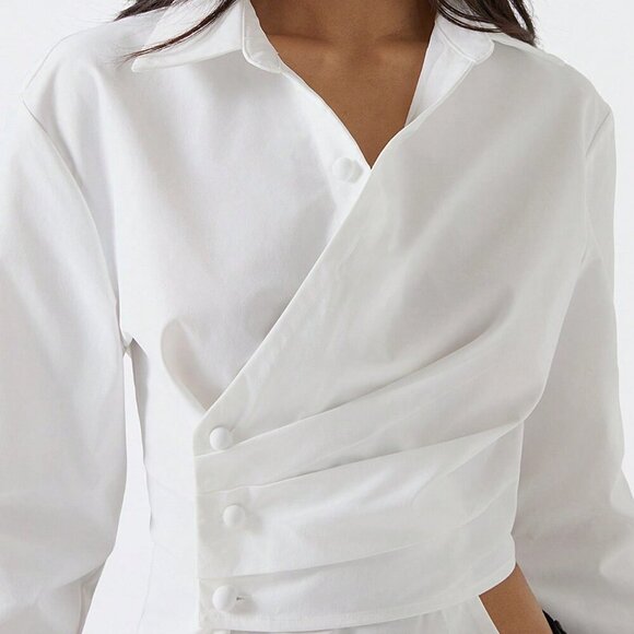 White Minimalist Women's Elegant Long Sleeve button detailed Shirt - Picture 7 of 8